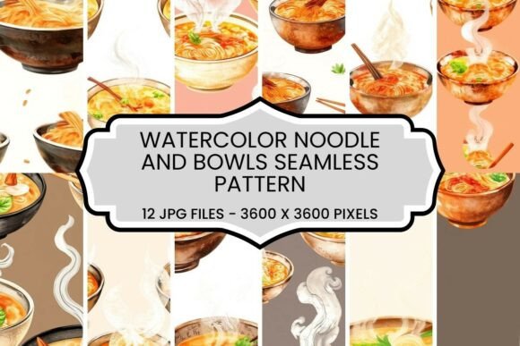 Elevating Brand Identity with the Watercolor Noodle and Bowls Seamless Pattern Set